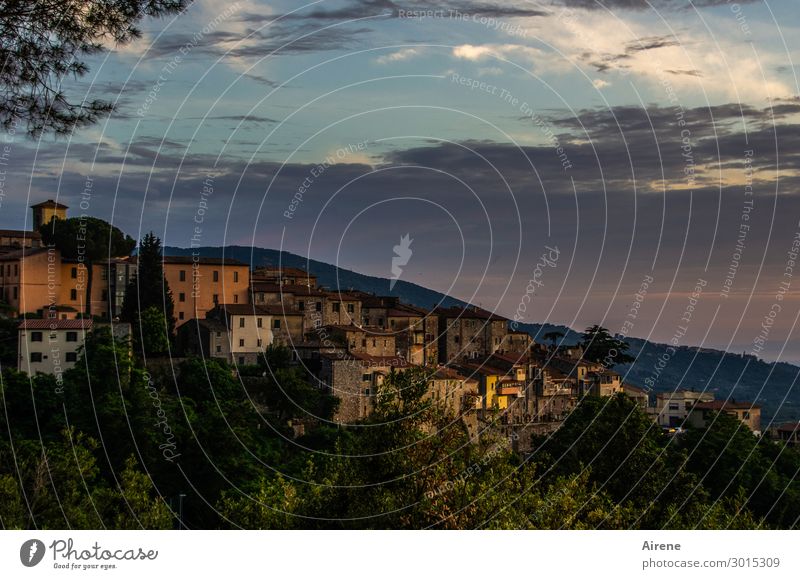 slowly the day comes to an end... Clouds Night sky Hill Tuscany Village Small Town Old town House (Residential Structure) Facade Sleep Dark Cuddly Blue Green