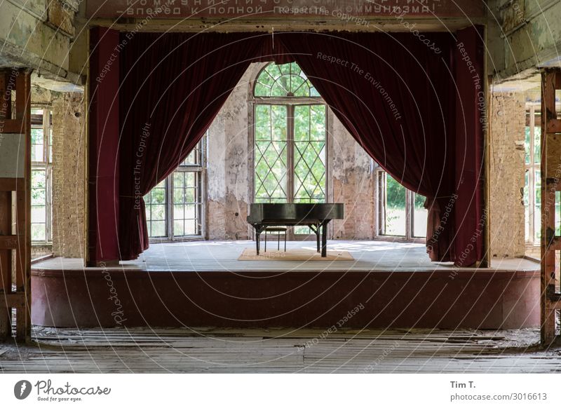 stage Deserted House (Residential Structure) Ruin Manmade structures Building Architecture Window Door Art Stagnating Moody Grand piano Piano Stage Drape