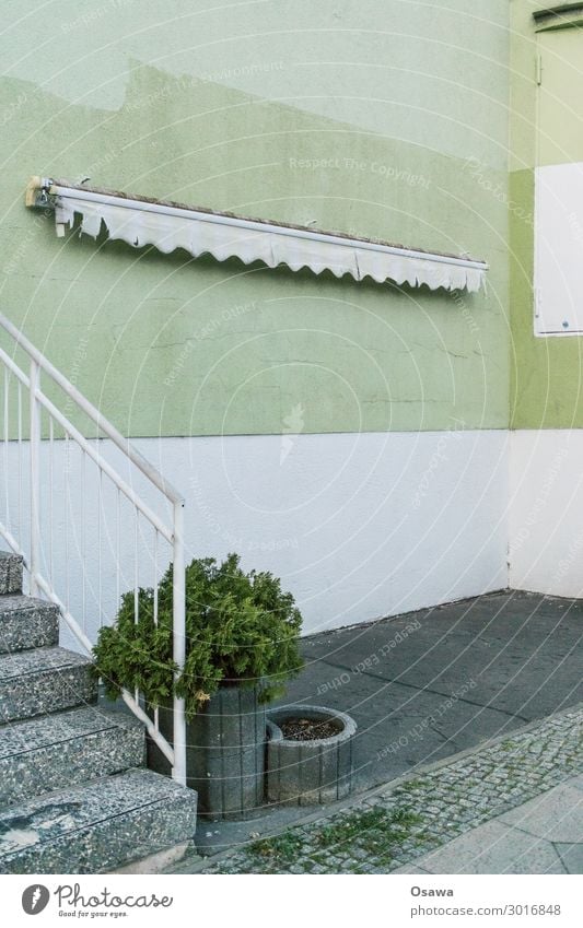 Awning with stairs and flora Deserted House (Residential Structure) Manmade structures Building Architecture Gray Green White Concrete Stairs Banister Plant