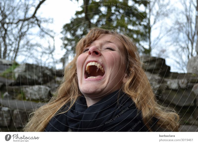 Weltschmerz, let it out! Feminine Woman Adults 1 Human being Nature Tree Bushes Ruin Wall (barrier) Wall (building) Facade Blonde Long-haired Scream Crazy Anger