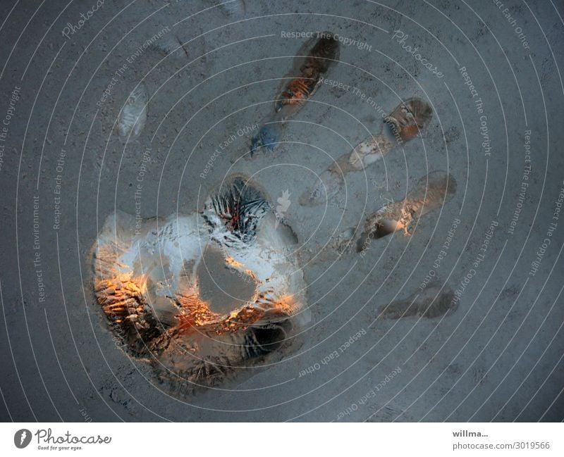 Global warming - handprint on a frozen window pane Frost Cold Frozen Pane Window pane Ice Hand Thaw Melt Winter Glass Climate change global warming Imprint