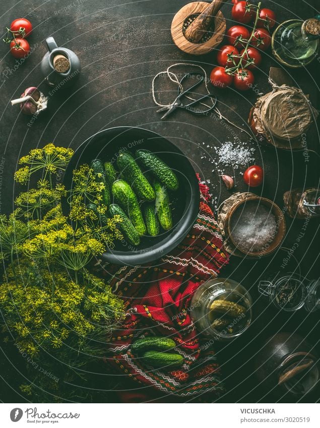 Cucumber pickle Ingredients on the kitchen table Food Vegetable Herbs and spices Nutrition Organic produce Vegetarian diet Glass Shopping Style Design Dill