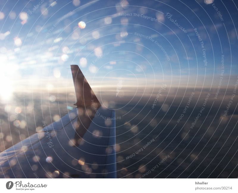 Aeroplane view into the setting sun Airplane Clouds Wing Ice crystal Sunbeam Refraction