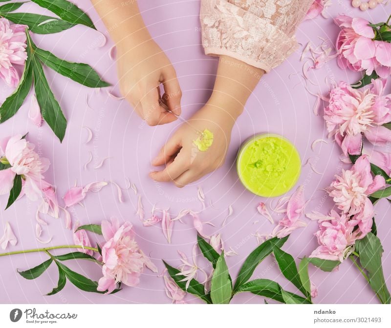 female hands and a jar with thick green scrub Body Skin Medical treatment Wellness Spa Summer Woman Adults Hand Fingers Plant Flower Leaf Fashion Bouquet