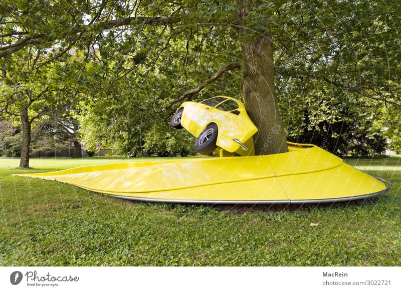 Modified car wrapped around a tree Art Exhibition Work of art Garden Park Meadow Vehicle Car Old Retro Yellow Curved Wrapped around Coil Tree Design