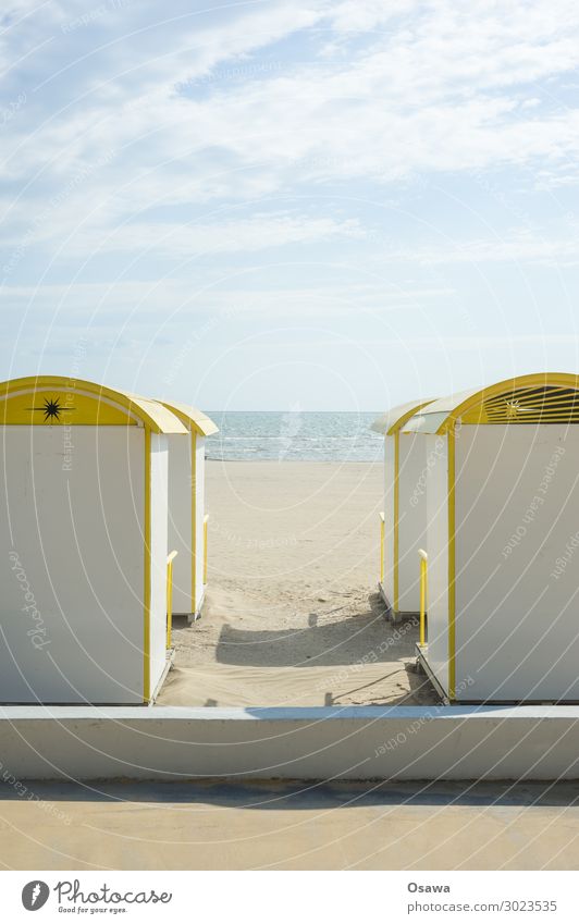 Cabins on the beach Beach Ocean Summer Changing room Sand Coast Sky Blue hut Central perspective Vacation & Travel Water Horizon Deserted Relaxation Landscape