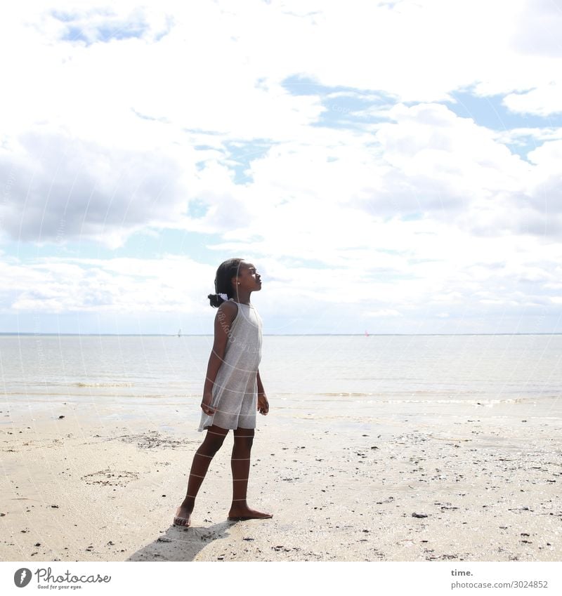 gloria Feminine Girl 1 Human being Environment Nature Landscape Sand Sky Clouds Beautiful weather Coast Beach Baltic Sea Dress Black-haired Long-haired Braids