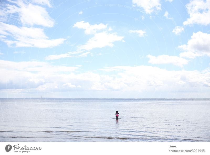 Airy sky over wide sea Feminine Girl 1 Human being Environment Water Sky Clouds Horizon Coast Beach Baltic Sea Black-haired Long-haired Swimming & Bathing