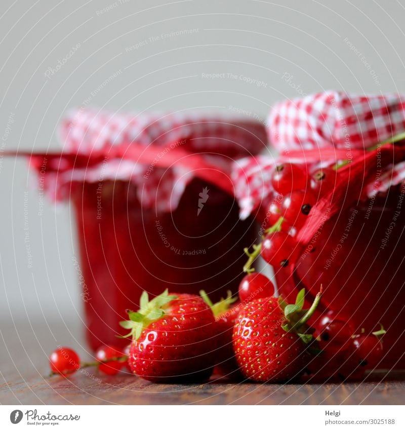 decorated glasses with homemade jam from strawberries and currants Food Fruit Jam Strawberry Redcurrant Nutrition Breakfast Decoration Glass Bow Lie Stand