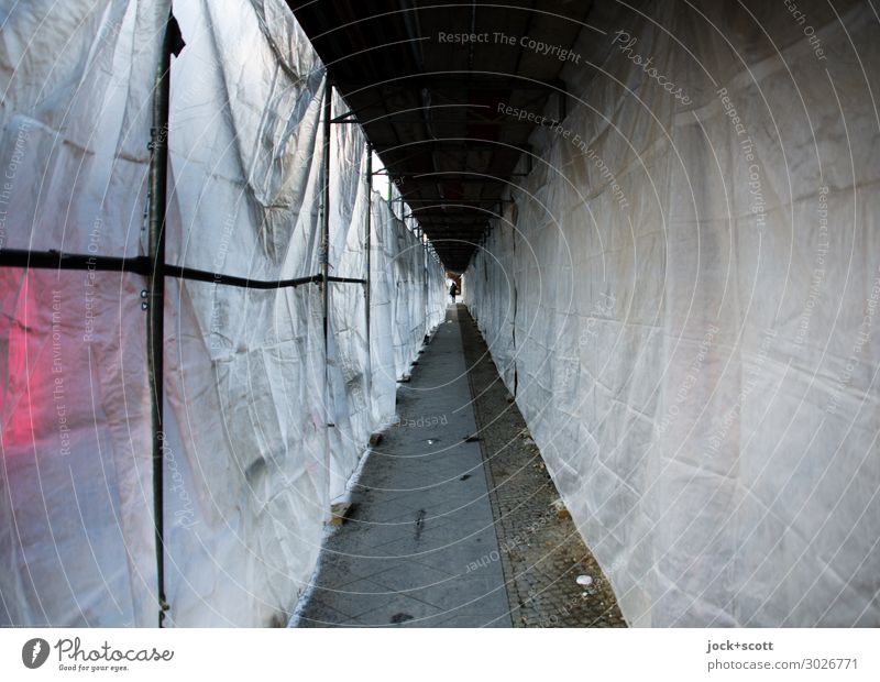 Passage under the scaffolding Construction site Downtown Berlin Scaffold Covers (Construction) Plastic Authentic Gloomy Under White Safety Protection