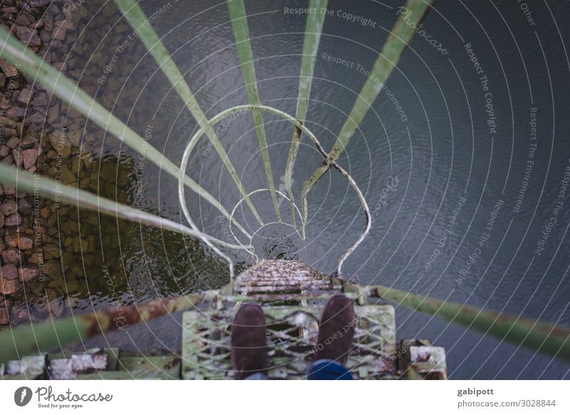 Look the abyss in the eye Port City Stairs Footwear Gloomy Town Water Under Ladder Rung Descent Deep Jump Colour photo Subdued colour Exterior shot Deserted Day