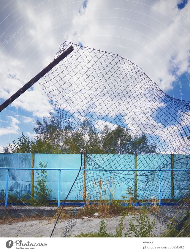 Wide-meshed Sky Clouds Tree Gate Fence Wire netting fence metal gate Concrete Metal Old Decline Past Transience Destruction Territory lost places Going Deserted