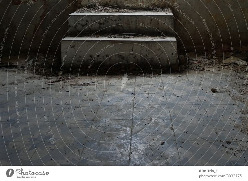 dusty steps and dirty tiled floor House (Residential Structure) Deserted Ruin Stairs Dirty Creepy Retro Moody Decline Dusty Tile Story abandoned interior