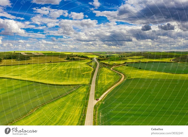 Agricultural fields in a village in Spain. Beautiful Summer Culture Nature Landscape Plant Grass Meadow Terrace Aircraft Growth Above Green Colour East Harvest