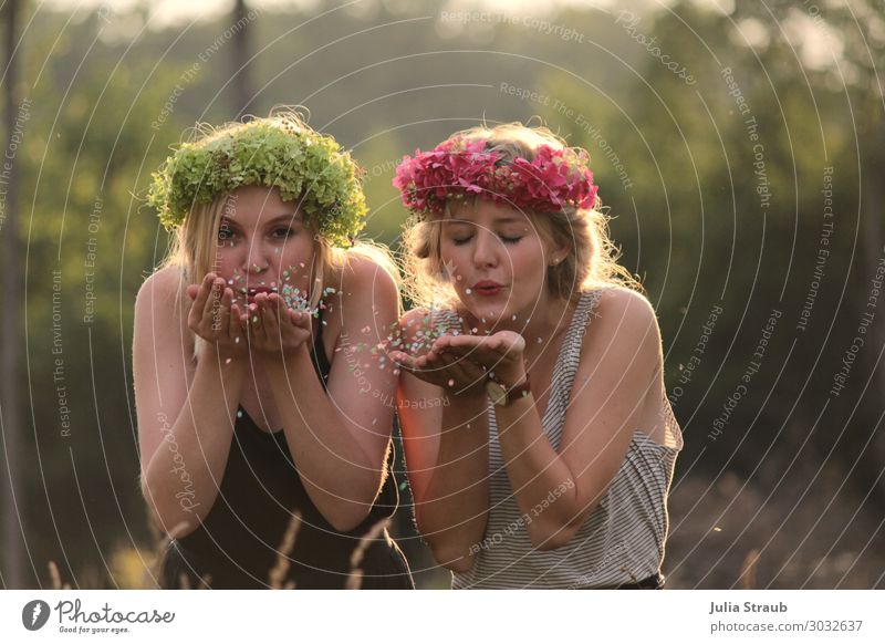 Women Flower Wreath Confetti Forest Summer Beautiful weather Warmth Plant Tree T-shirt Dress Blonde Long-haired Bangs Braids Movement Laughter Brash Happiness