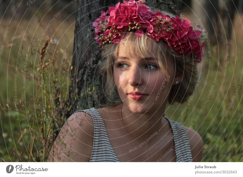 woman forest beautiful wreath of flowers Feminine Woman Adults 1 Human being 18 - 30 years Youth (Young adults) Nature Sunlight Summer Beautiful weather Tree