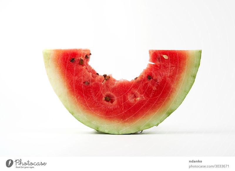 bitten off a piece of ripe red round watermelon with seeds Fruit Dessert Nutrition Vegetarian diet Diet Summer Nature Fresh Natural Juicy Green Red White