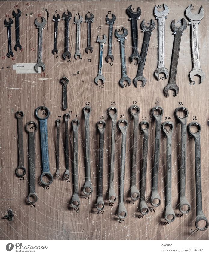 Timur and his troops Workplace Tool Collection Workshop Screw wrench Difference Metal Digits and numbers Hang Old Together Glittering Many Integrity Orderliness