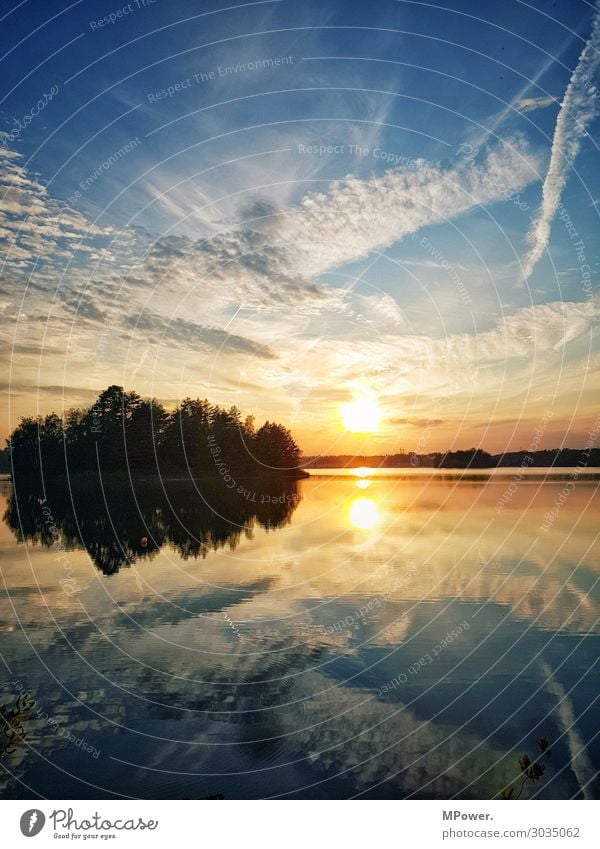 end at the lake Environment Nature Landscape Beautiful weather Bright Lake Lakeside Clouds in the sky Island Gravel pit Reflection Sunset Forest Idyll