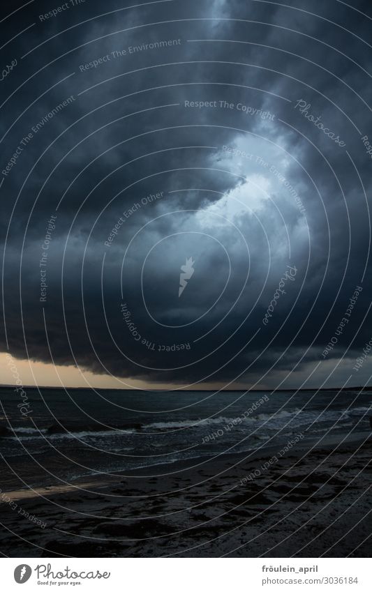 The gate to Thor Summer Ocean Waves Sand Water Clouds Weather Bad weather Storm Gale Thunder and lightning Coast Beach Baltic Sea Threat Dark Blue Moody Sky