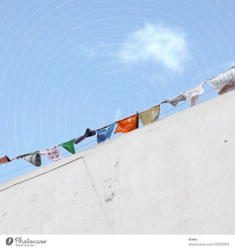 Airy garbage. Living or residing Sky Clouds Beautiful weather House (Residential Structure) Wall (barrier) Wall (building) Cloth Laundry Clothesline