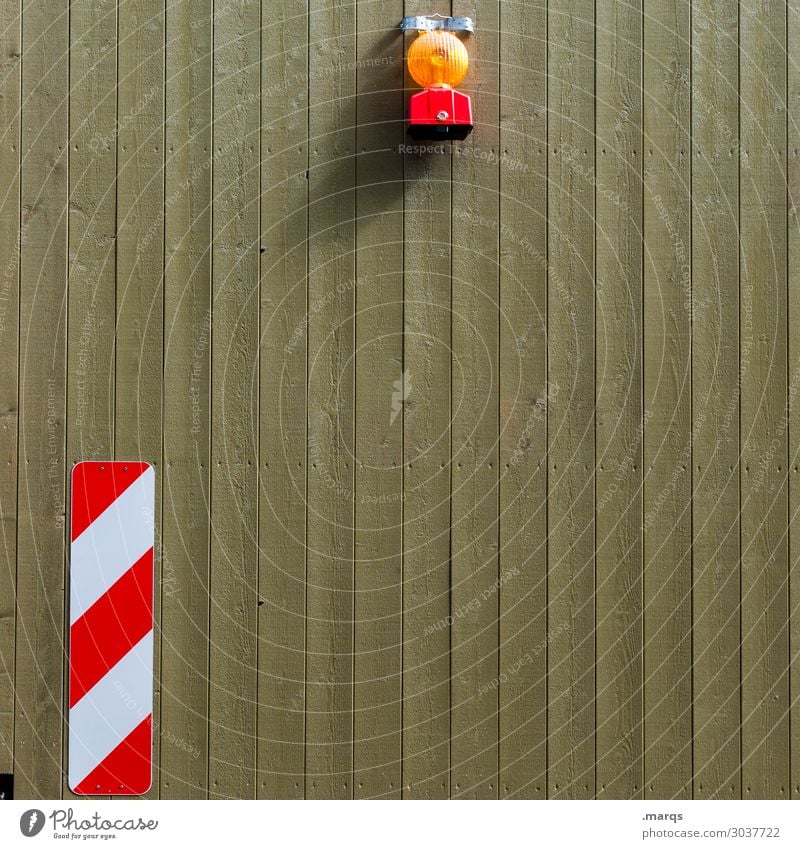 signals Construction site Wooden wall Signs and labeling Yellow Red White Colour Colour photo Exterior shot Structures and shapes Deserted Copy Space left