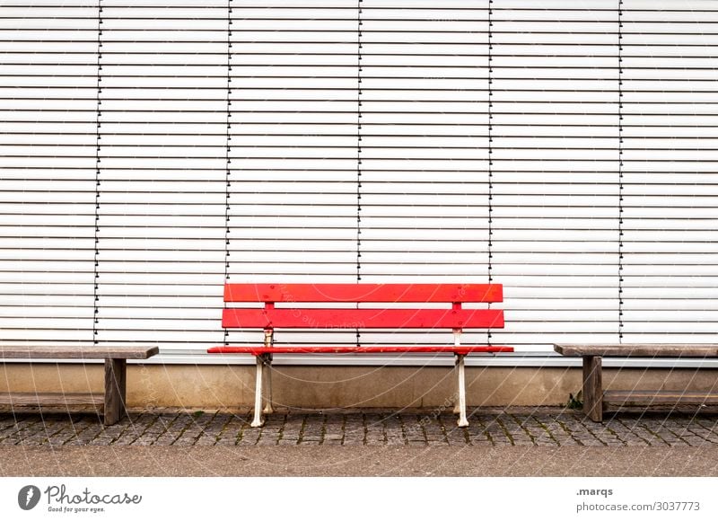 banking Downtown Bench Roller shutter Closed Relaxation Red White Colour Empty Colour photo Exterior shot Deserted Copy Space left Copy Space right