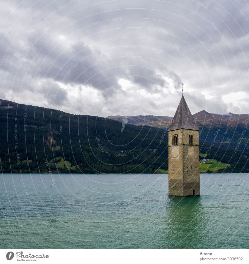 the downfall of the Occident... Water Alps Lake Lake Reschen Mountain lake Reservoir Reschnpass South Tyrol Church Ruin Tower Church spire Tourist Attraction