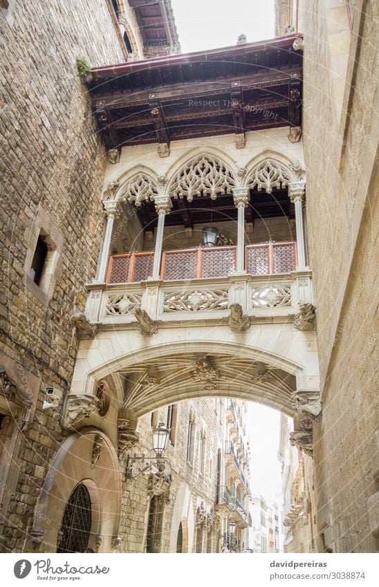 Gothic bridge in Carrer del Bisbe street, in Barcelona, Spain Vacation & Travel Tourism Places Bridge Building Architecture Facade Balcony Monument Street Stone