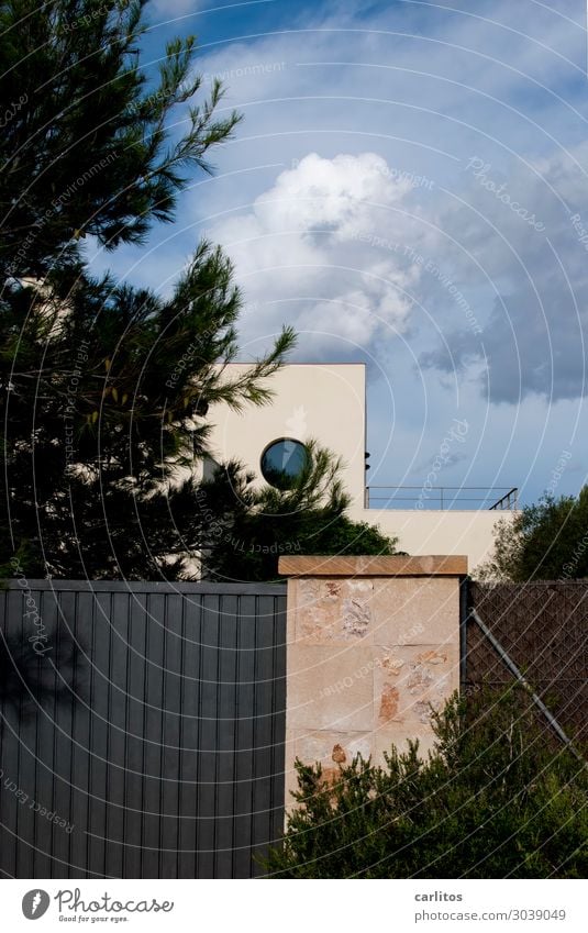 We'll keep this private... Spain Balearic Islands Majorca Vacation home Villa Safety Closed Gate Window Round Bauhaus Architecture Flat roof Natural stone