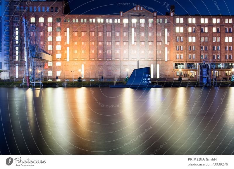 Inner harbour 2 Port City Harbour Building Architecture Serene Culture Duisburg Submarine Surface of water Colour photo Exterior shot Copy Space bottom Evening