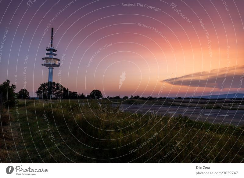 Sunset with television tower Nature Landscape Sky Clouds Sunrise Summer Beautiful weather Field Blue Green Red Emotions Esthetic Television tower Colour photo