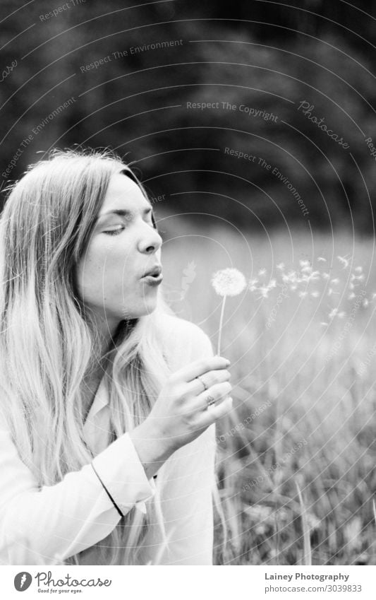 dandelion Feminine Hand Environment Nature Tree Flower Grass Blossom Shirt Dream Long-haired Ring Dandelion Black & white photo Exterior shot Detail Day