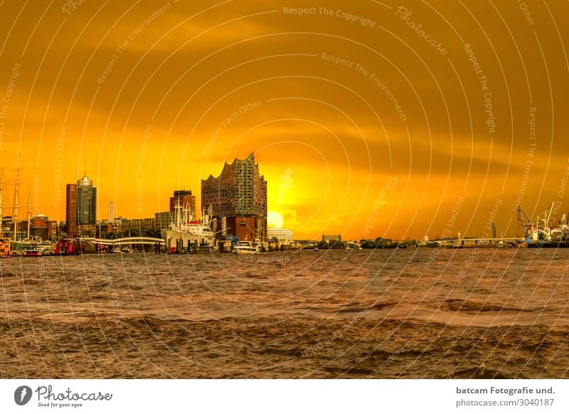 Hamburg Sunrise Speicherstadt Panorama with Elbe Philharmonic Hall Summer Clouds Sunset River Skyline Harbour Architecture Landmark Navigation Watercraft Dark