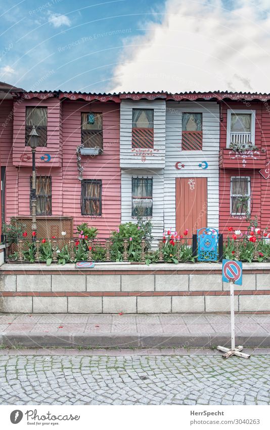 red white rowhouses Living or residing Flat (apartment) Dream house Sky Clouds Summer Beautiful weather Tulip Garden Istanbul Town Old town