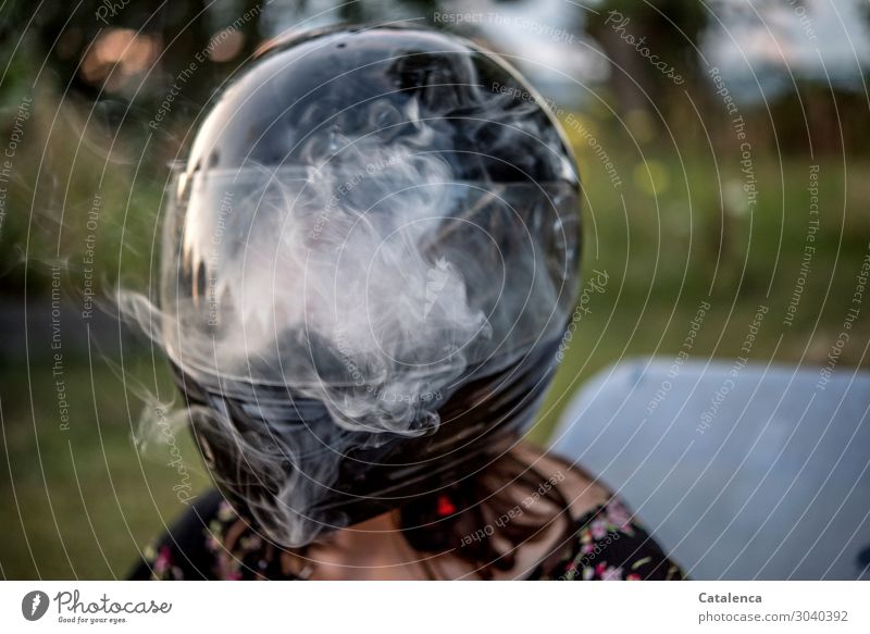 Nebulous | opaque, smoke in motorcycle helmet Smoking Feminine 1 Human being Nature Plant Summer Beautiful weather Tree Flower Grass Motorbike helmet