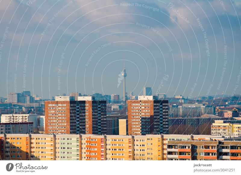 Landmark television tower GDR Quarter Sky Clouds Climate change Marzahn Prefab construction Tower block Facade Berlin TV Tower Authentic Retro Gloomy Horizon