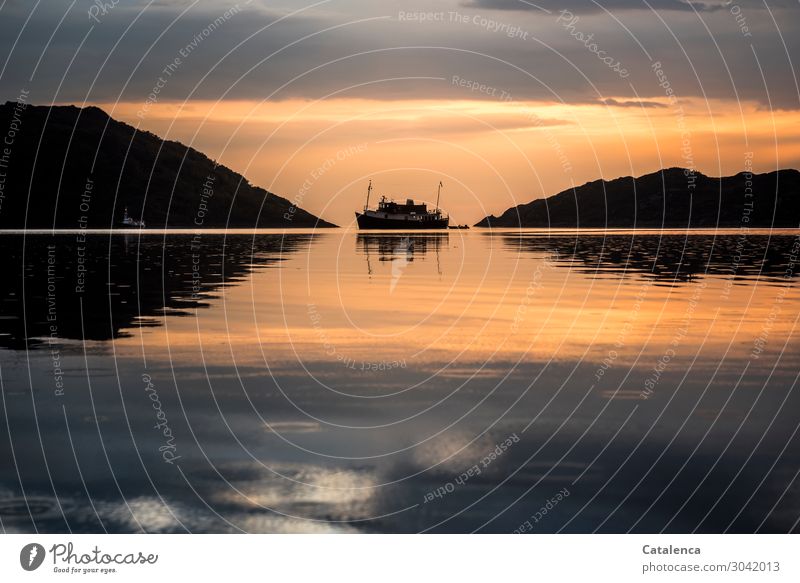 Symmetry | in the composition of the picture Water boat Hill Twilight Sky Ocean Sunset coast Summer Horizon Beautiful weather Evening Clouds Nature Landscape