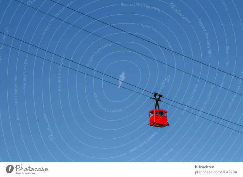 up or down Tourism Trip Freedom Mountain Hiking Sky Cloudless sky Beautiful weather Cable car Blue Red Gondola Downward Upward Tall Deep Hover Rope Colour photo