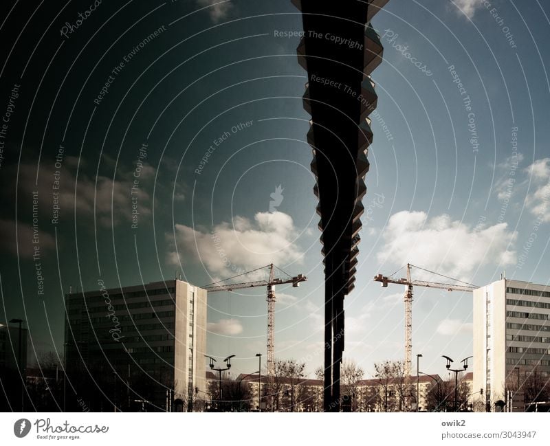 Behind glass Construction site Sky Clouds Beautiful weather Tree Dresden Town Downtown Populated High-rise Building Wall (barrier) Wall (building) Facade