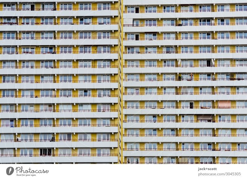 lead a monotonous life Functionalism Marzahn Tower block Prefab construction Facade Window Authentic Sharp-edged Hideous Esthetic Style GDR Subdued colour