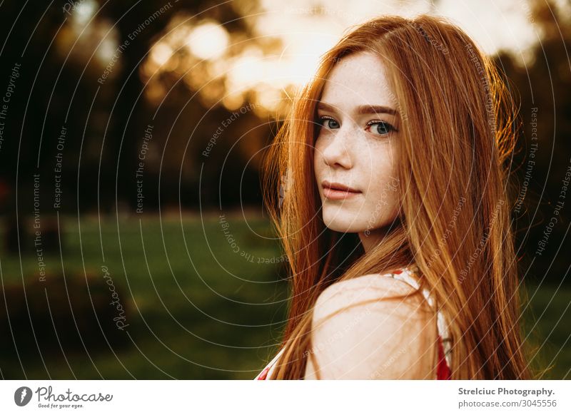 Portrait of a redhead woman with freckles Beautiful Face Summer Sun Woman Adults Nature Park Smiling Natural Cute Green Red reddish redhair Freckles Copy Space