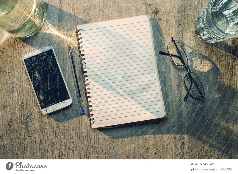 Dear Diary Lifestyle Design Gloomy Moody Education Inspiration Communicate Glass Booklet Eyeglasses Cellphone Telephone Bottle Table Still Life Ballpoint pen