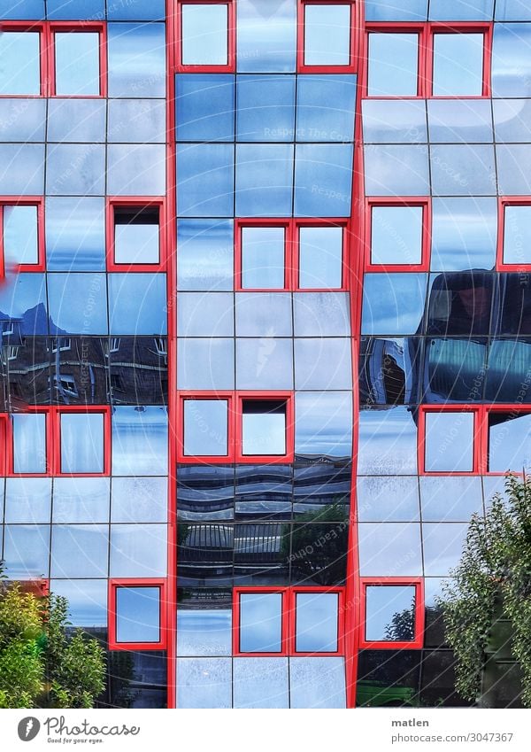 glass façade Town Downtown Deserted House (Residential Structure) High-rise Building Architecture Facade Window Blue Green Red Curved Tree Glass Colour photo