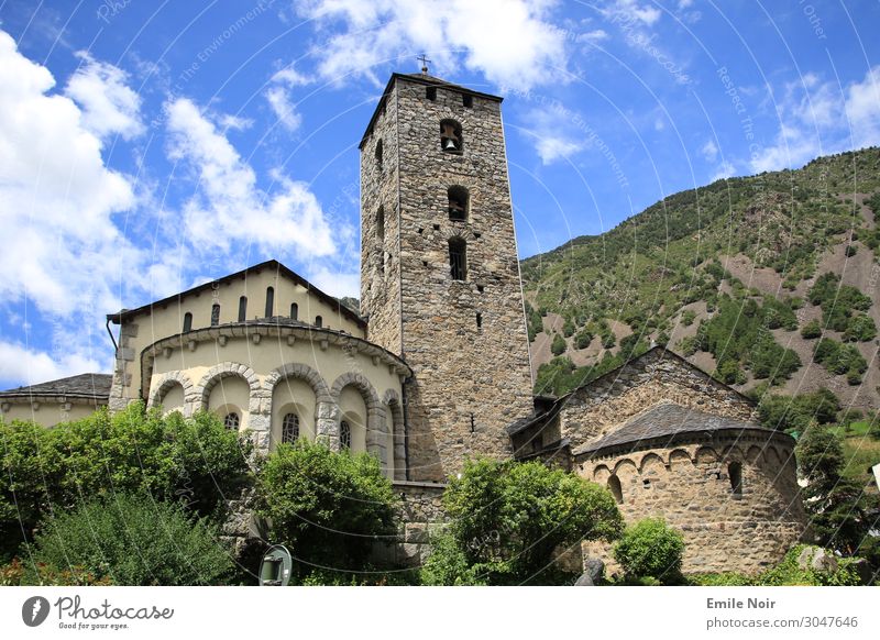 Church in the village Tourism Summer Landscape Sky Beautiful weather Mountain Andorra la Vella Village Old town Landmark Dream Esthetic Colour photo