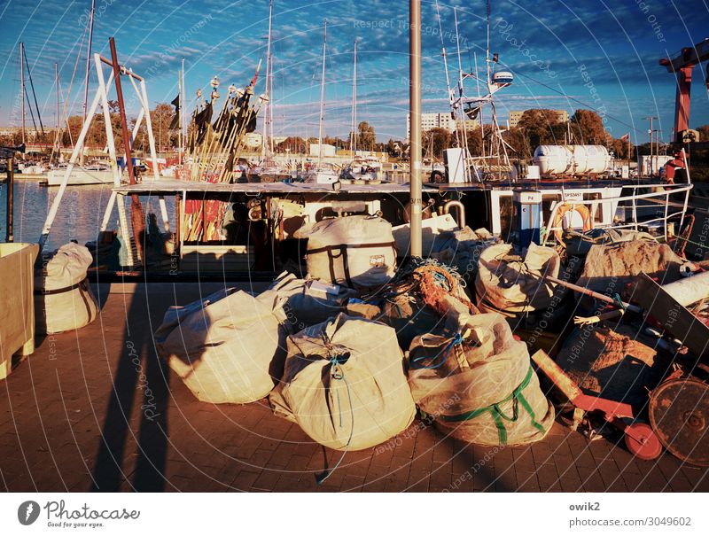 after the catch Water Sky Clouds Beautiful weather Baltic Sea Kolberg Kolobrzeg Poland Eastern Europe Fishing boat Harbour Sack Net Fishing net Maritime Calm