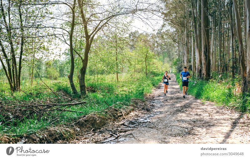 Young woman and man doing trail Lifestyle Mountain Sports Human being Woman Adults Man Couple Nature Landscape Tree Forest Lanes & trails Authentic Speed