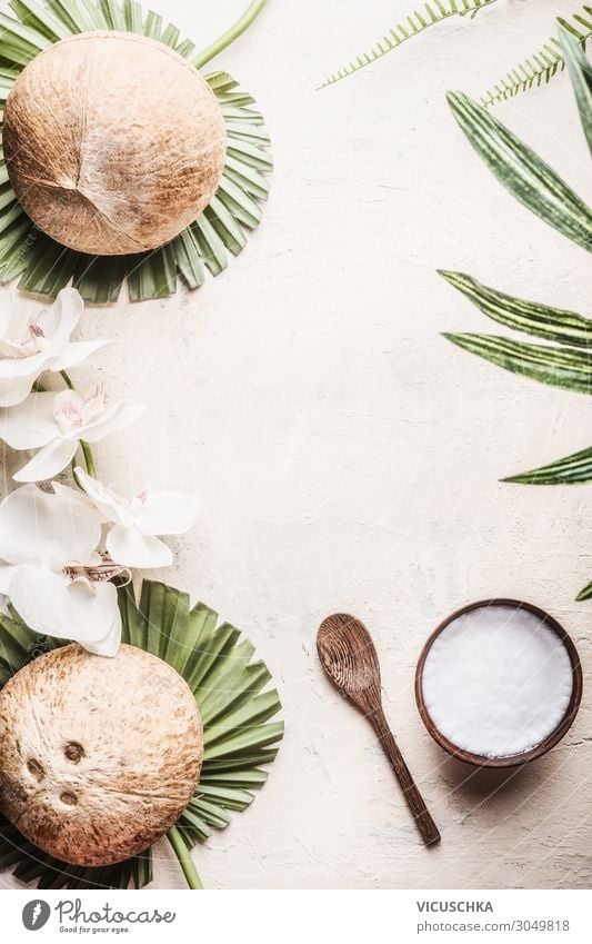 Wooden bowl with coconut oil and coconuts Food Design Beautiful Healthy Alternative medicine Healthy Eating Wellness Spa Nature Leaf Background picture tropical