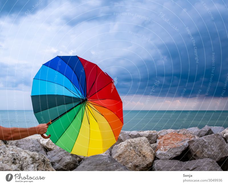 Hand with colorful umbrella and rain clouds at the sea Masculine Life Arm 1 Human being Water Sky Clouds Storm clouds Summer Climate change Bad weather Wind