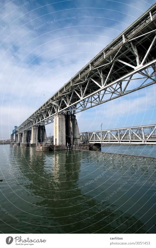 Horizontal grid structure Weil am Rhein Rhine Hydroelectric  power plant Bridge Water Force Energy Energy industry Steel Construction Bridge pier Reflection